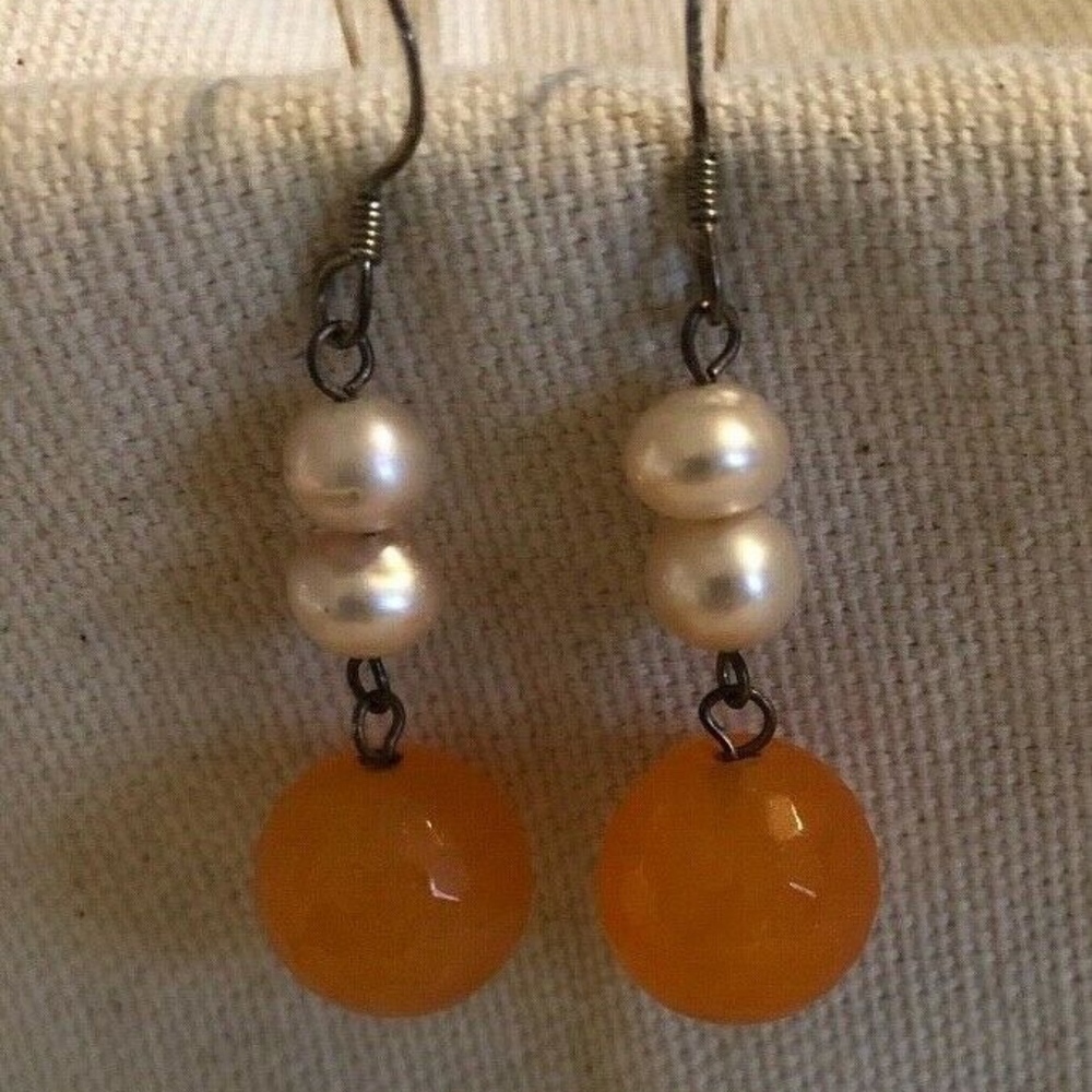 Silver/Pearl and Orange bead Dangly Earrings